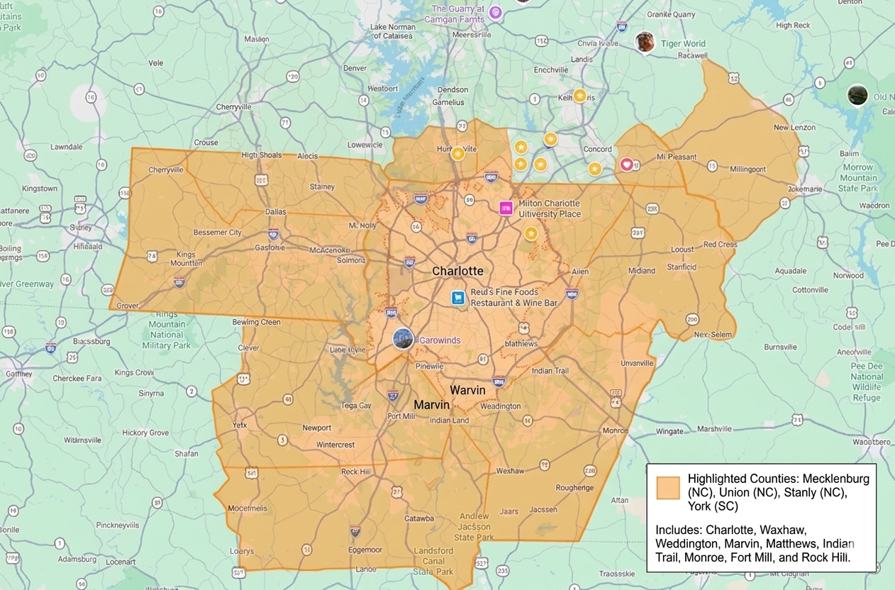 Full Throttle Stump Grinding service area map — Mecklenburg, Union, Stanly, and York counties